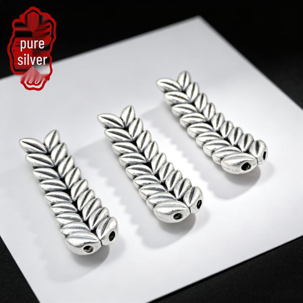 Sterling Silver 999 Wheat Ear Spacer Beads for DIY Bracelets - 3D Traditional Craft Pure Silver Jewelry Accessory.