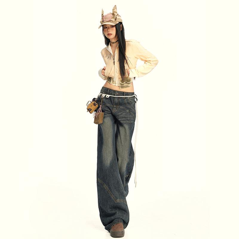 American retro women's autumn high street design sense high waist thin loose slightly pulled jeans
