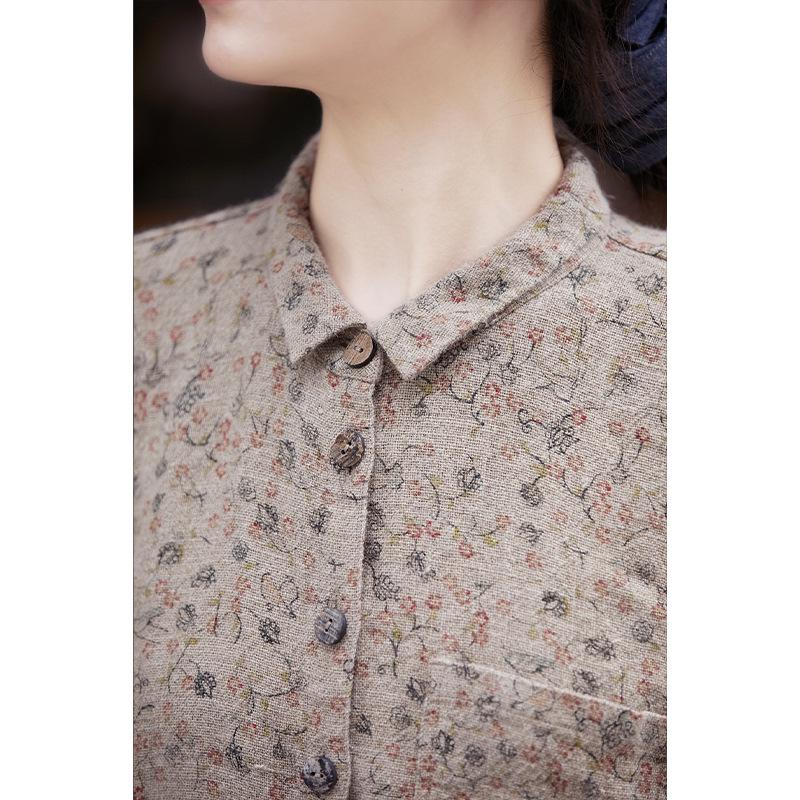 Retro Women's Brocade Color Casual Slimming Linen Shirt for Autumn