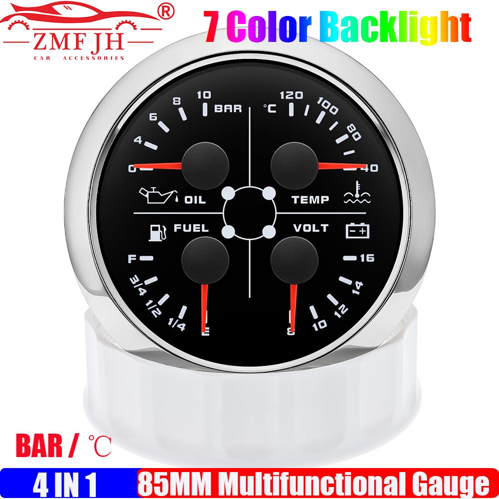ZMFJH 7 Color Light Multi-Meter 4IN1 Oil Pressure+Water Temperature+Fuel Level Gauge+Voltage with Alarm Sensor Auto Car Boat 12V