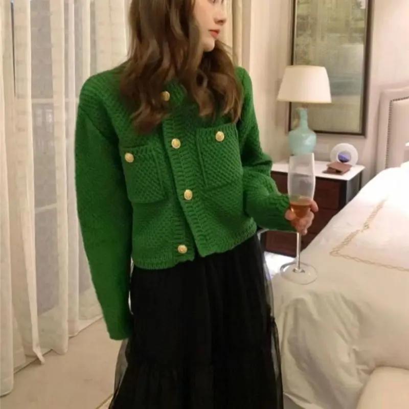 Knitted Cardigan French Vintage Gold Buttons Sweater Women Autumn Winter Luxury Short Straight Coat Knitwear Green Red