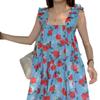 Retro Fungus Edge Floral Dress Suspender Dress Women's Summer Loose and Thin Seaside Vacation Wind Sweet Short Skirt
