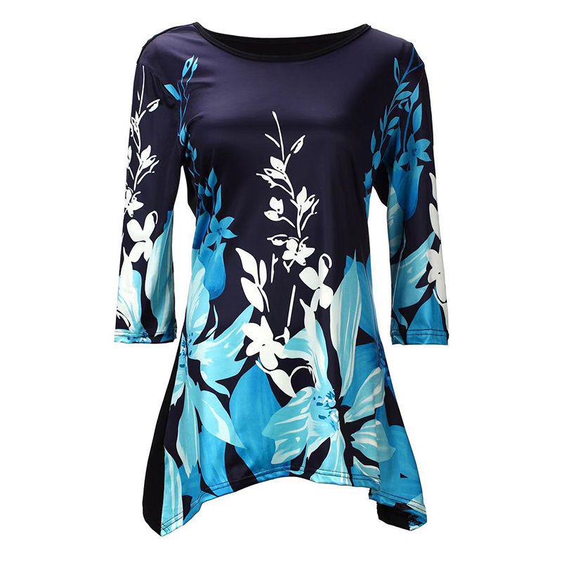 Plus Size Womens Asymmetric Floral Printed Short Sleeve Tunic Blouse For Summer Comfort