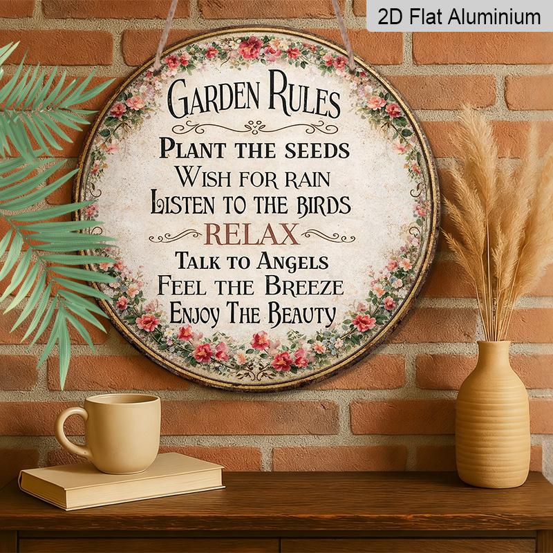 2D Flat, 1pc Round Aluminum Garden Rules Sign, Vintage "Garden Rules" Inspirational Quote, Vintage Floral Border Print with Pink Roses, Waterproof