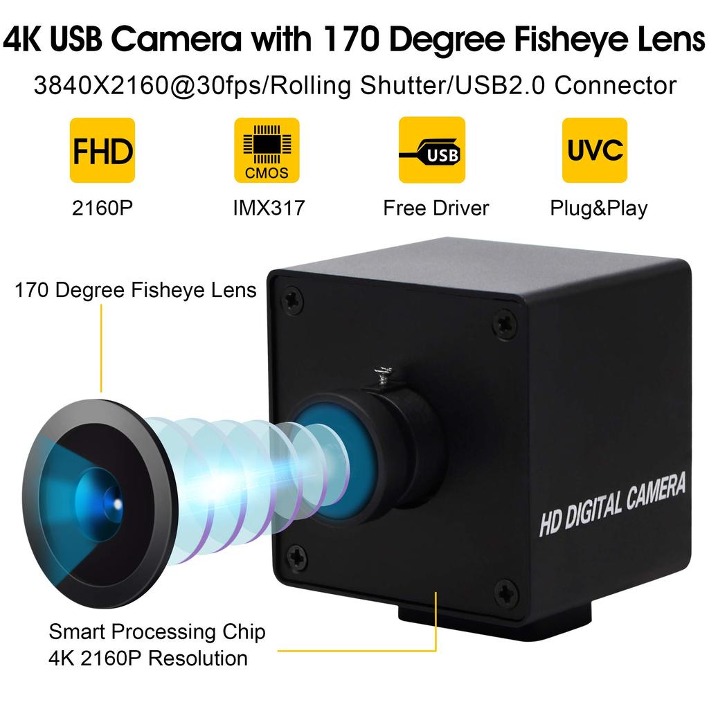 Cameră ELP Cameră web USB 4K Mini cameră cu unghi larg 170 de grade Obiectiv Fisheye Cameră web Full HD 2160P 30FPS Cameră Sony și driver Distribuție video Acasă
