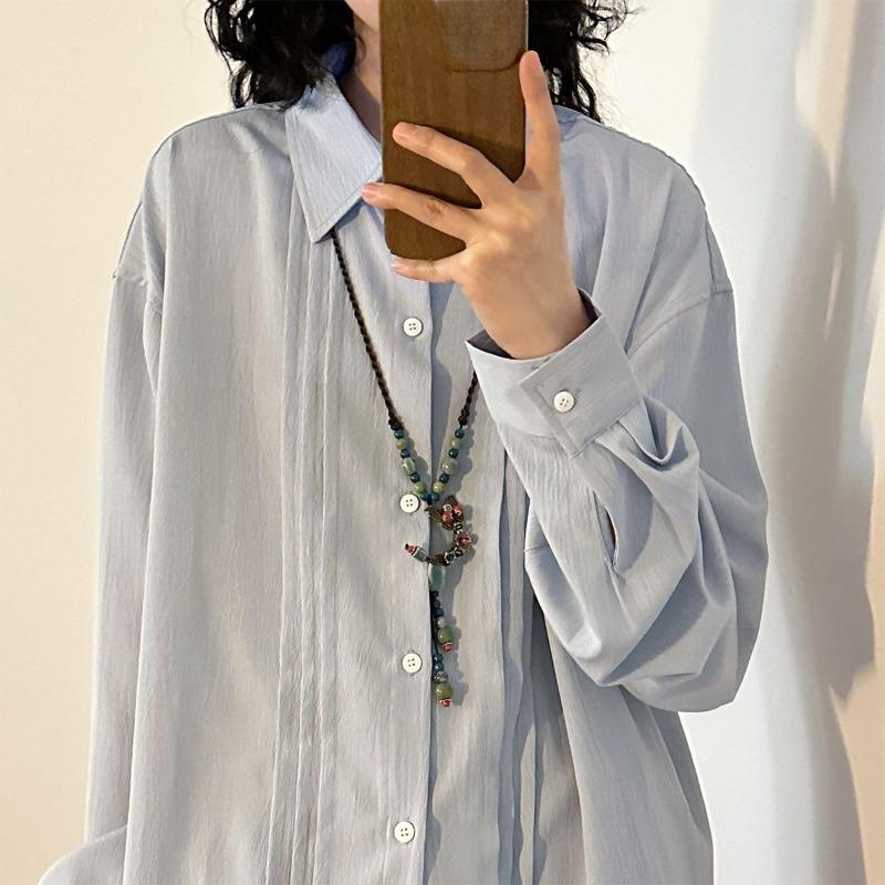 Women's Pleated Single Breasted Shirt Turndown Collar Striped Solid Color Ladies Long Sleeved Shirts Spring Casual Trendy Famale Top