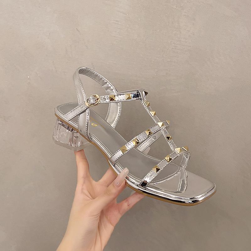 Fashion The 2025 Summer New Collection of Sandals Features A Rivet One-line Fashion Square Toe French Fairy Roman High Heels