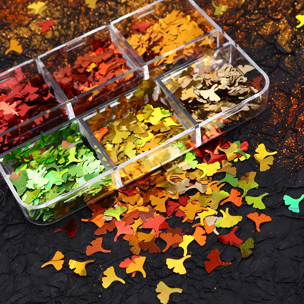 Colorful Ginkgo Leaf Nail Glitter Sequins Mixed Shiny Fallen Leaf Flakes DIY Autumn Nail Art Decoration Accessories Tool