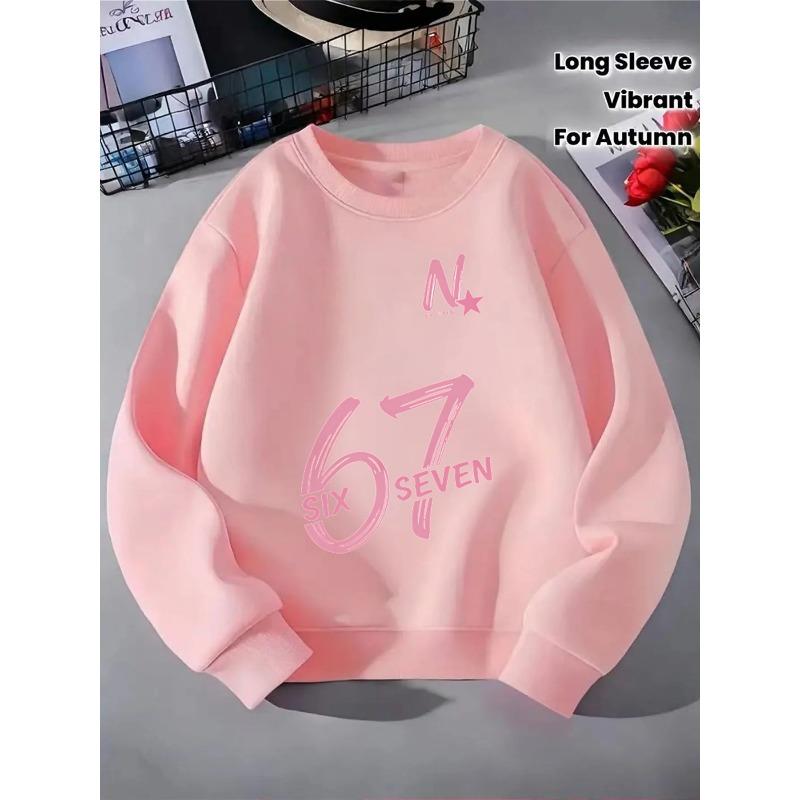European sizes Kids' Crewneck Sweatshirt - Six Seven Number Pattern Print , Sportswear And Casual Wear, Soft And Comfortable, Children's Clothing