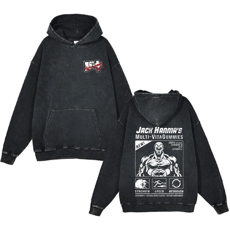 Baki Hanma Anime Streetwear Hoodie Heavyweight Cotton Washed Vintage Style Mens Long Sleeve Pullover