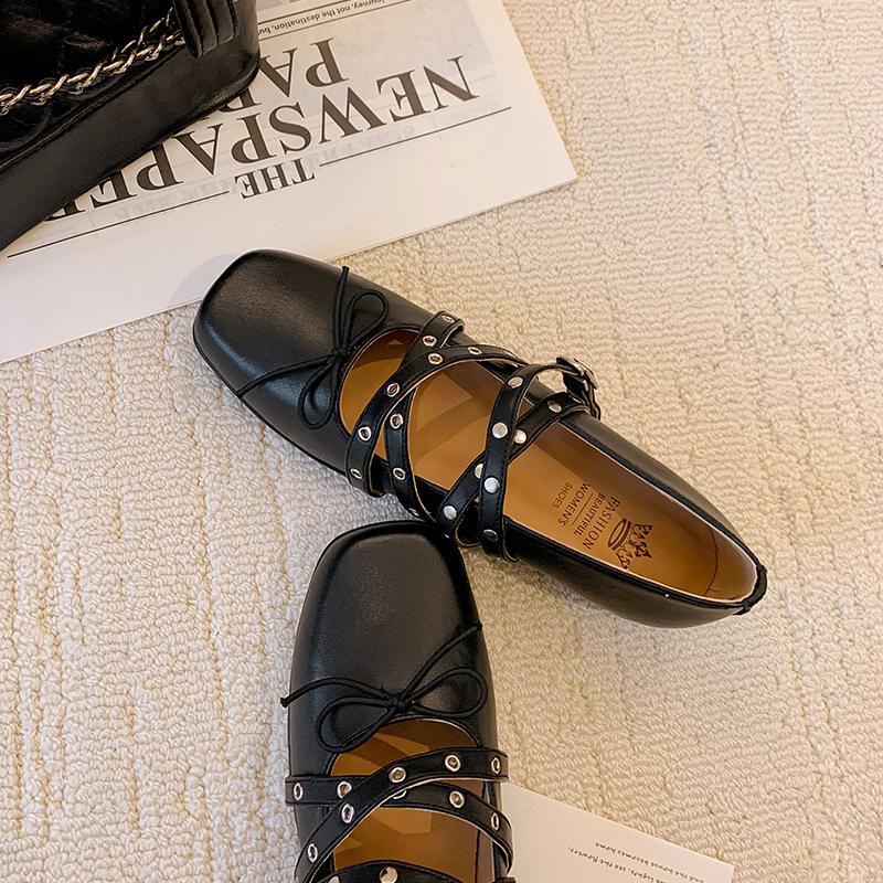 Sheepskin Version~ Crossed Belt Buckle Ballet Shoes for Women 2025 New Red Mary Jane Shoes Bow Single Shoes for Women