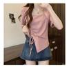 Pink Square Neck Short Sleeve T-shirt Pure Lust Spicy Girl Pleated Design Women Slim Top Casual Solid Color Korean Fashion