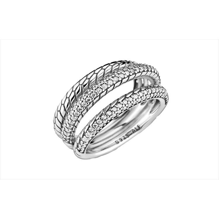 Pandora Three Ring Pavé Snake Chain Pattern 925 Silver Ring Unisex rings 199083C01 48