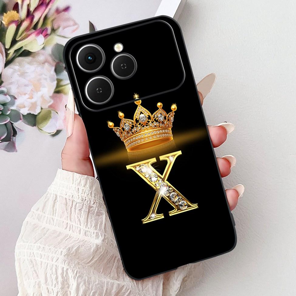 For Tecno Spark 40 Case Black Silicone Luxury A-Z Letters Fashion Flowers Crown Shockproof Cover For Techno Spark 40 Phone Case