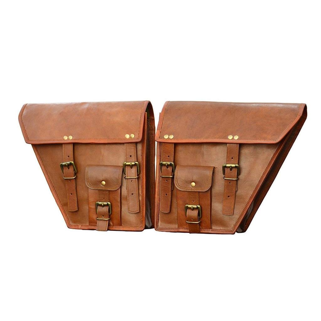 Motorcycle Side Light Brown Leather Side 2 Bag Pouch Saddlebags Panniers Saddle