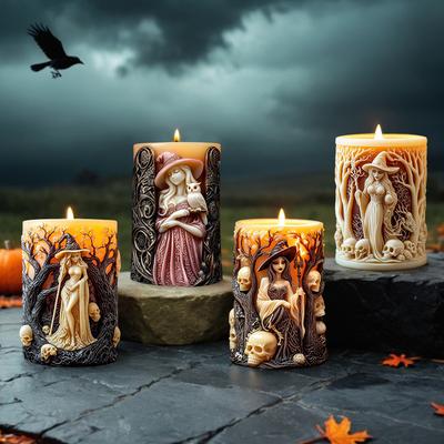 3D Witch Cylinder Candle Silicone Mold DIY Skull Witch Relief Cylinder Aromatherapy Resin Silicone Mould Halloween Decor Gifts