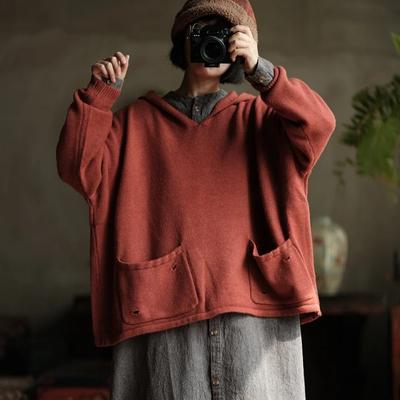 Women Pullover Hooded Sweaters Solid Color Knitted Autumn Patchwork Pockets Soft Sweaters