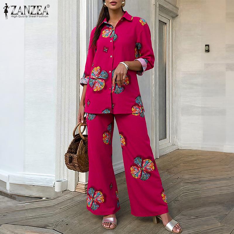 

ZANZEA Women Long Sleeve Blouse and Pants Floral Print Two Piece Suit Sets S