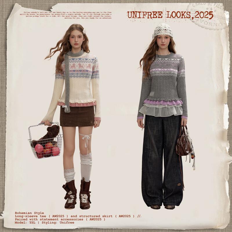 UNIFREE Fair Isle Ruffle Trim Long Sleeve Sweater