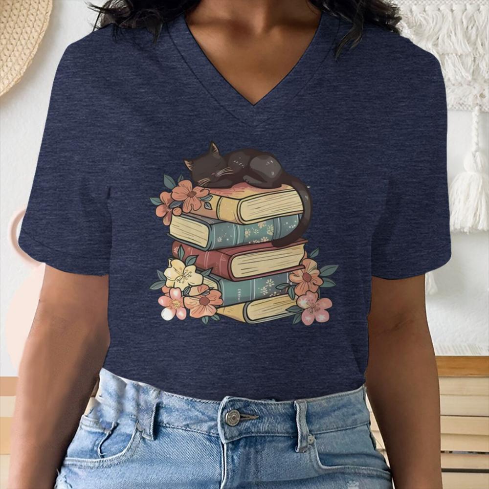 Fun Cat Mom & Book Lover Print V Neck T Shirt Women Bookish Cat Mom Streetwear Short Sleeve Unisex Vintage Bookworm Y2K Tops