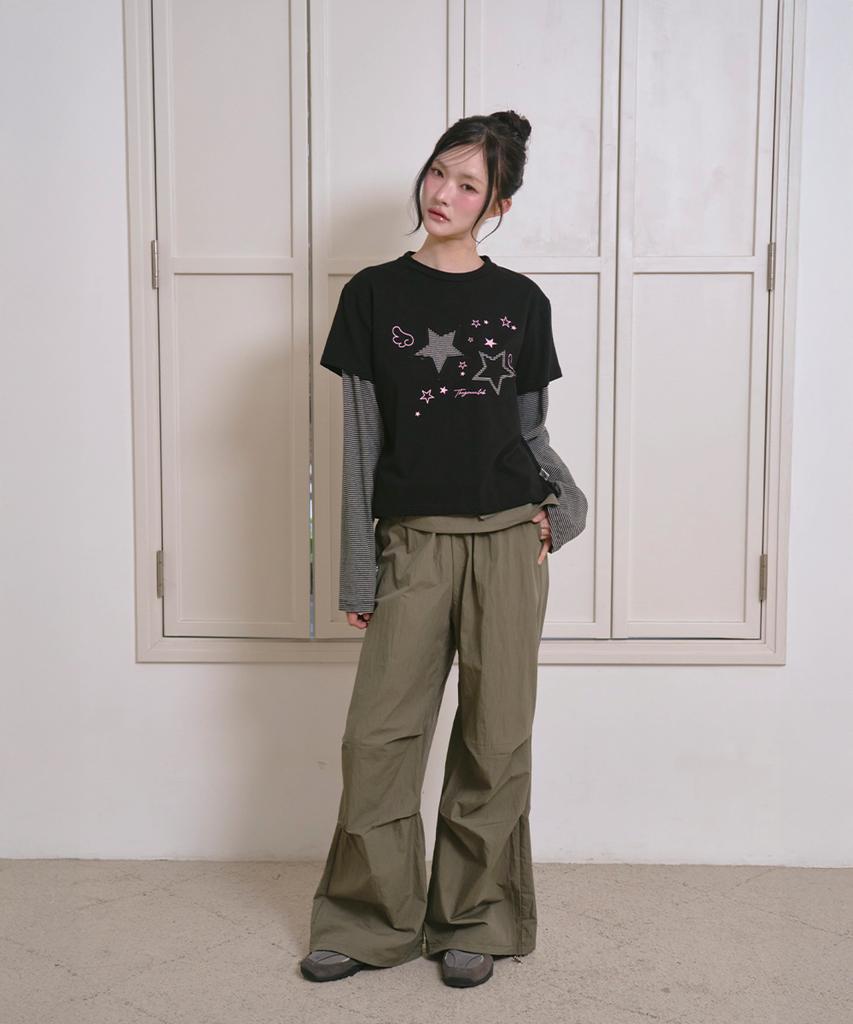 THE GREEN LAB Star Patch St Layered T-Shirt [Black]