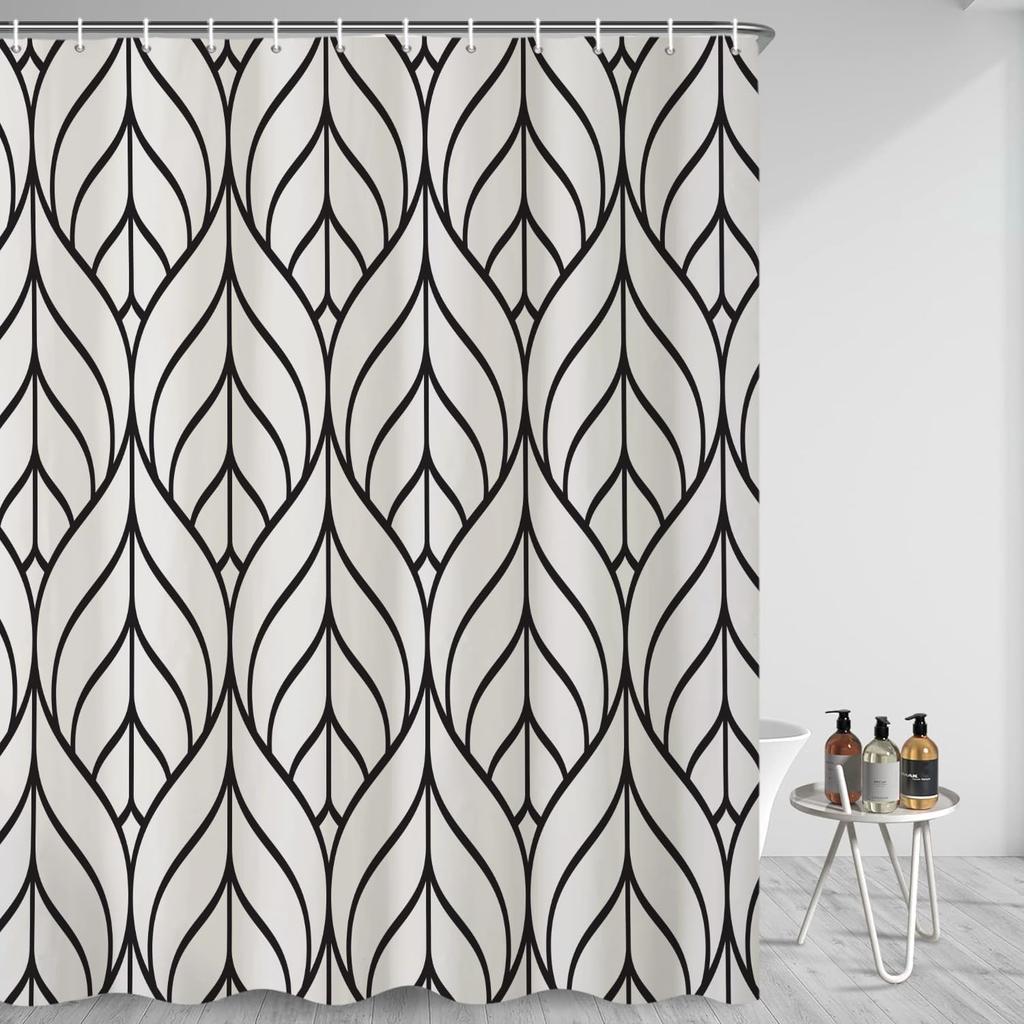 Black and White Shower Curtain, Modern Striped Wavy Line Bathroom Curtain Abstract Geometric Art Waterproof Fabric Bathtub