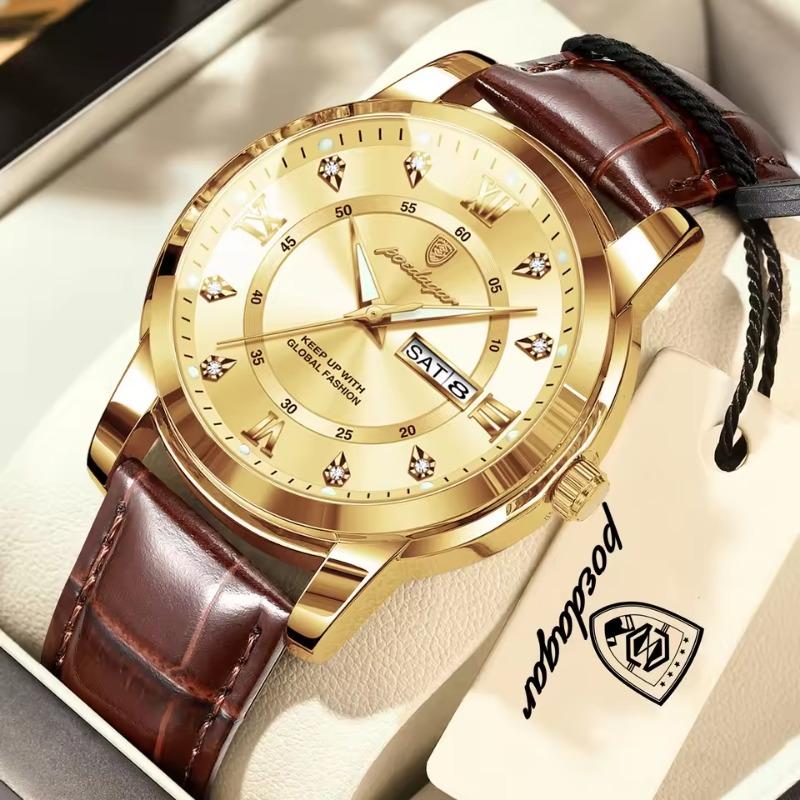 POEDAGAR Luxury Business Male Clock Date Week Waterproof Luminous Gold Wristwatch Casual Fashion Quartz Watches Reloj