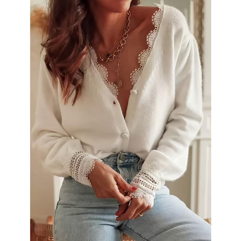 VEZFAA Moda feminina casual cor sólida estampa primavera outono manga comprida pulôveres com decote em v e mangas compridas