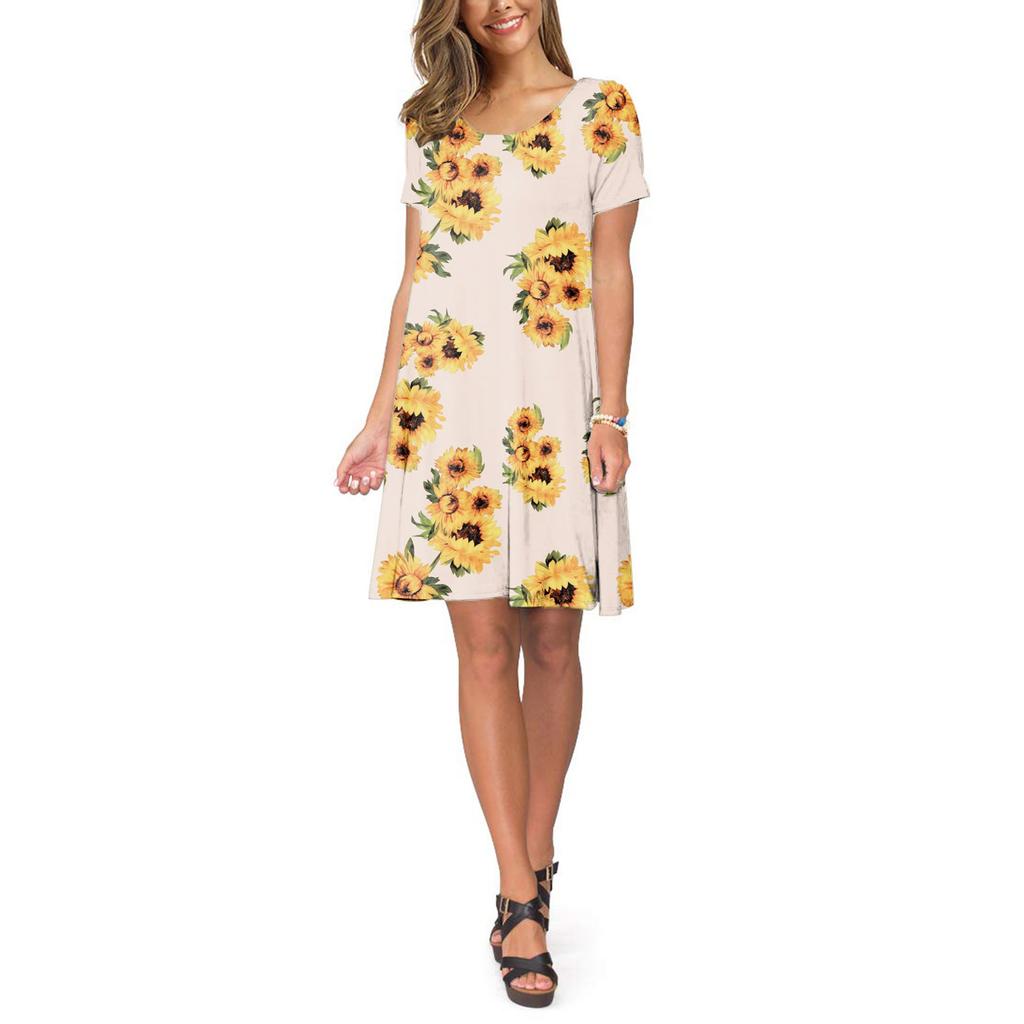 Dámské léto s krátkým rukávem slunečnice potištěné kapsy letní šaty ležérní swing šaty