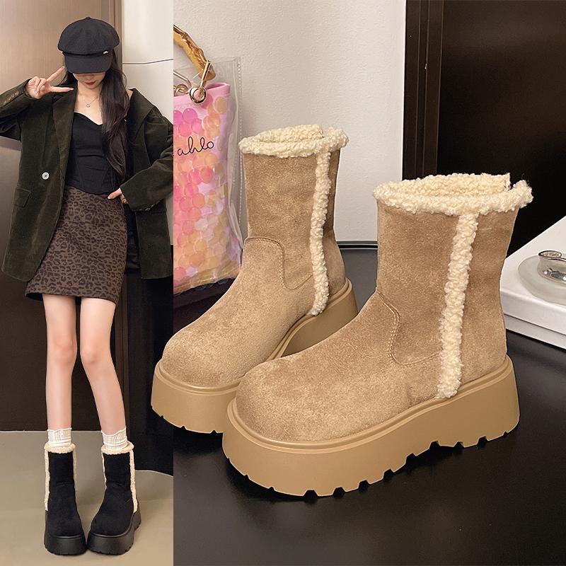 Fashion Winter Warm Cotton Women Ankle Boots Chunky Platform Heels Punk Height Increase Plush Short Booties Shoes Zapatos Mujer