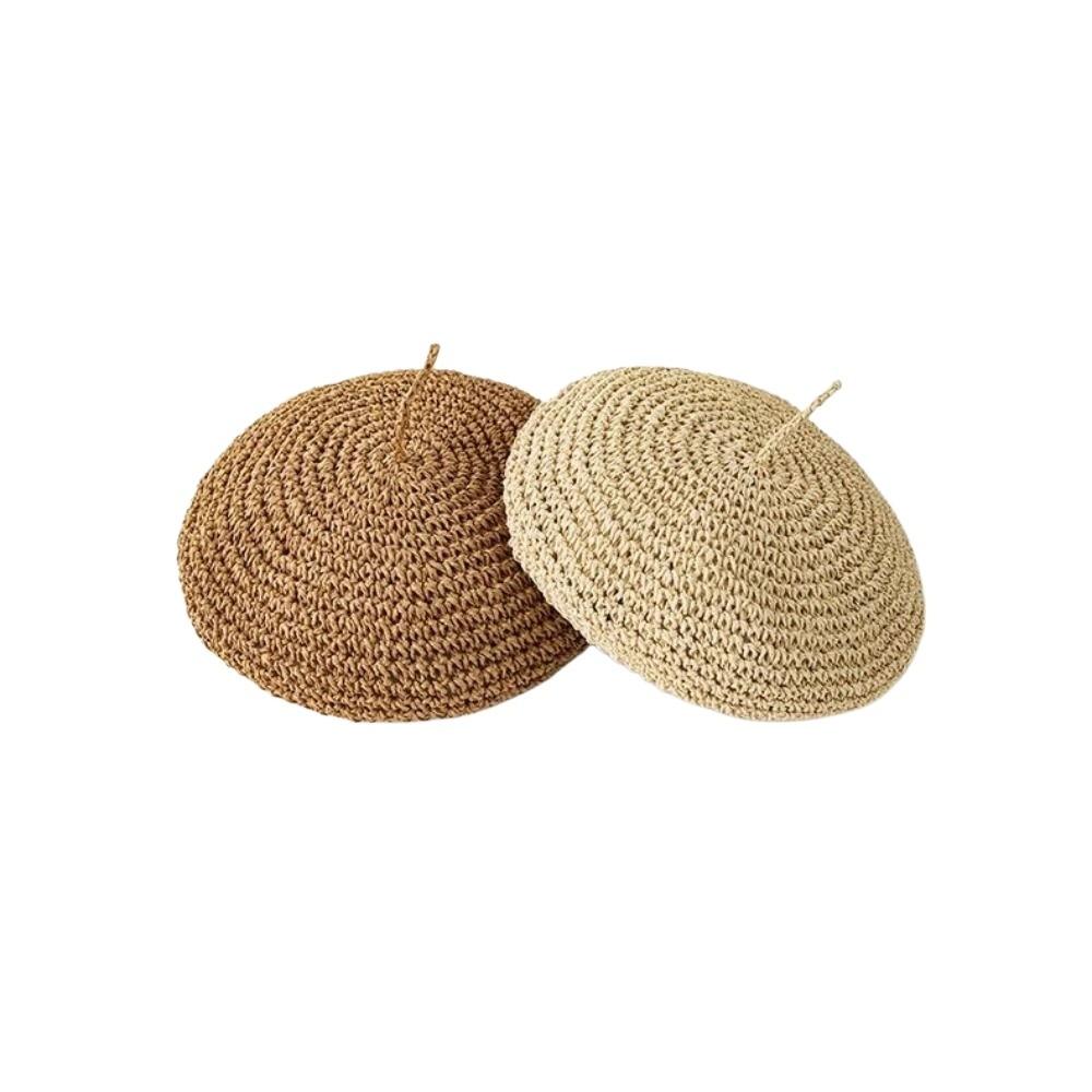 Boho Handmade Summer Straw Beret Thin Breathable French Crochet Beret Hollow Flat Design Beach Weave Beret Holiday Wear