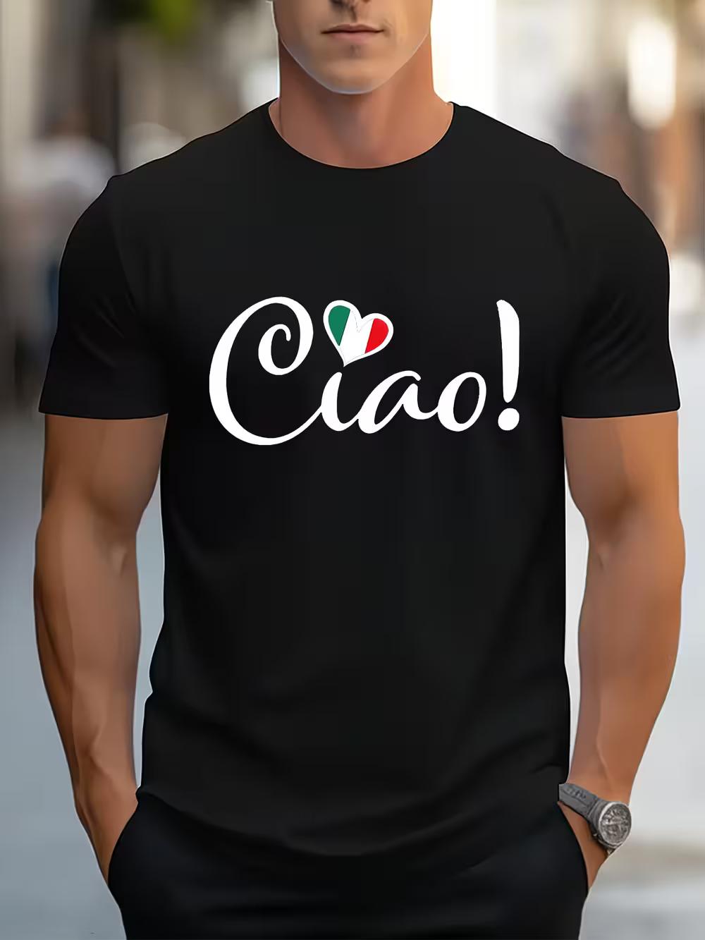 

Italian Ciao Graphic Print T-shirt Short Sleeve Round Neck Casual Top Suitable for Summer and Spring XXXL