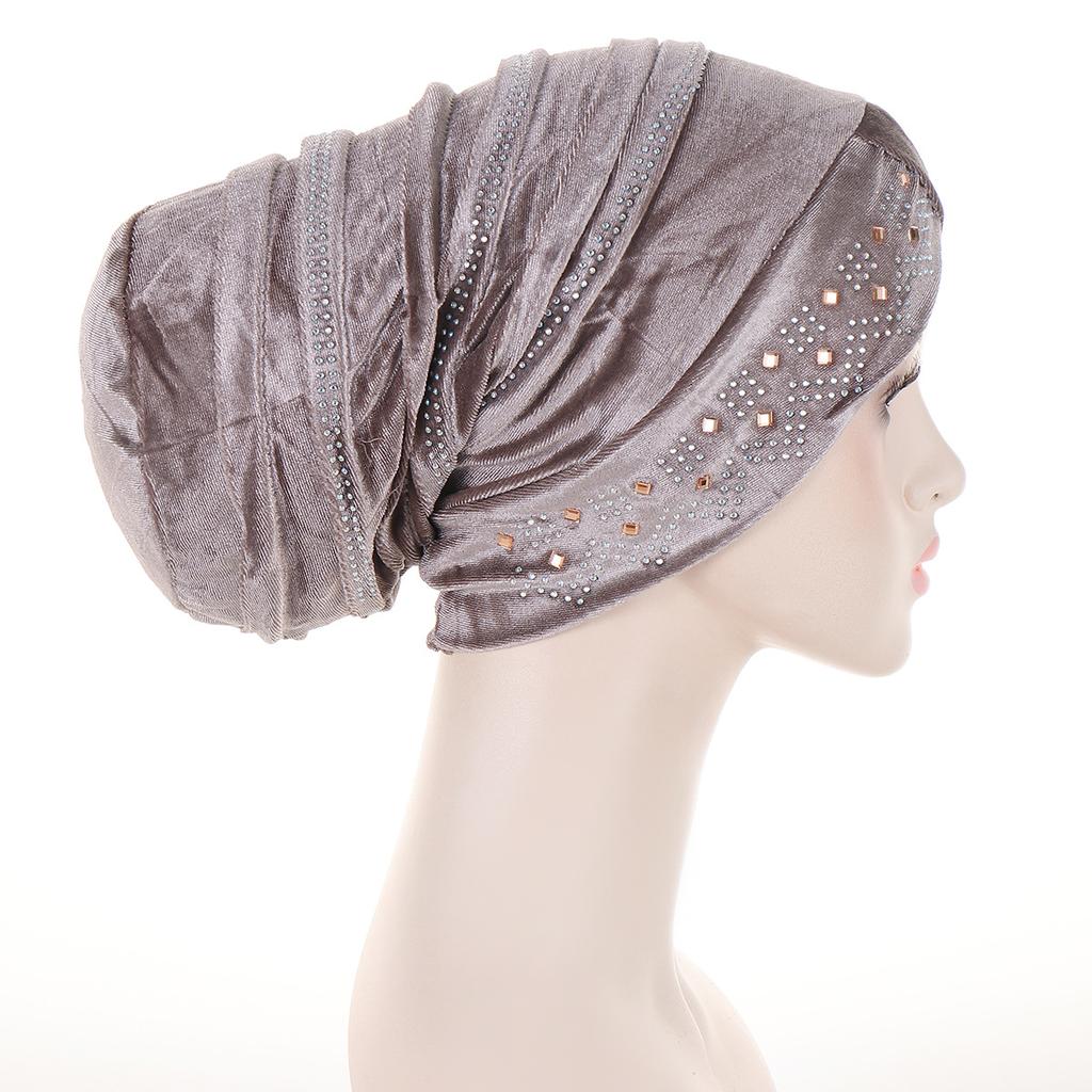 Glitter Diamonds Pleated Turban Caps for Women Soft Velvet Head Wraps Caps Muslim Headscarf Bonnet Female Beanie Pullover Cap