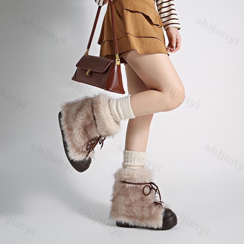 Stivaletti da Neve da Donna Invernali Pelliccia Designer Moda Corti Peluche Cotone Scarpe Retrò Pelosi Caldi Stringati Piattaforma Scarpe da Donna