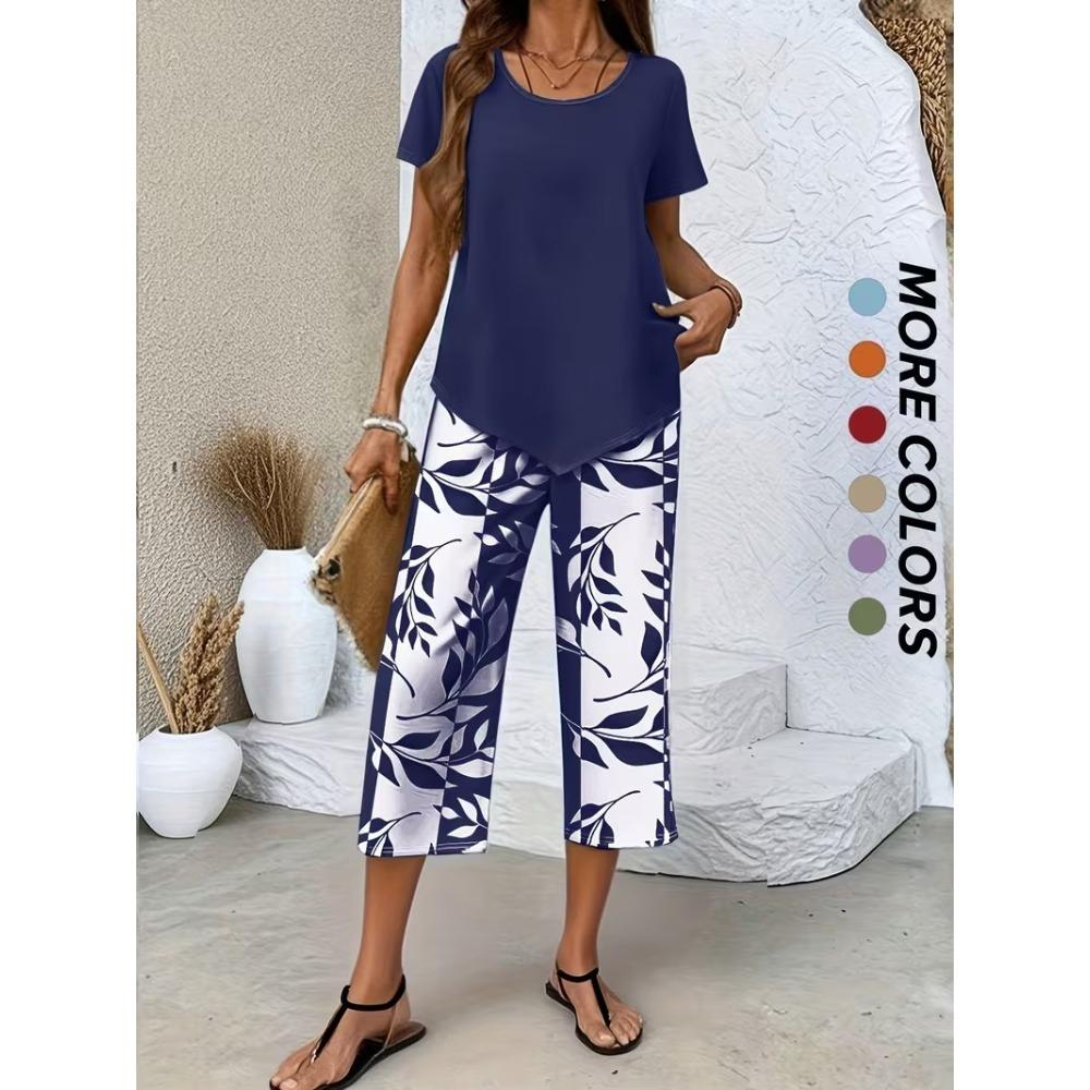Women Summer Fashion Two Piece Set, Stylish Slimming Short Sleeve Top, High Waist Wide Leg Pants, Elegant Casual Matching Outfit