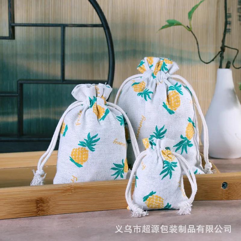 10pcs/lot Linen Drawstring pocket Cute Pattern Printed DIY wedding Candy Storage Bag Travel Makeup Cloth Shoes Sundries Storage