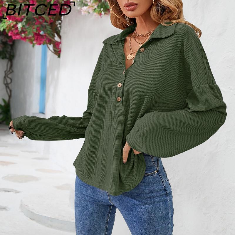 BITCED Women's Fall/Winter Polo Neck Button-Up Solid Color Long-Sleeve T-Shirt