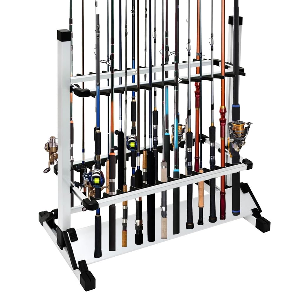 TORIBIO Aluminum Rod Stand, Rod Holder for 12 or 24 Rods, Easy Assembly (Silver, 24 Rods)