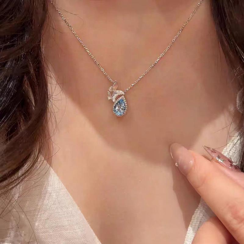Hui Zhiyi S925 Silver Topaz Butterfly Necklace – Light Blue Teardrop Pendant