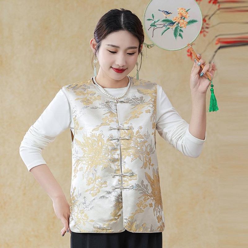 

2026 Vintage Jacquard Sleeveless Round Neck Vest for Middle-aged & Elderly Women, Spring/Autumn Fashion Top 1XL (for 80-100 jin) абрикосовый