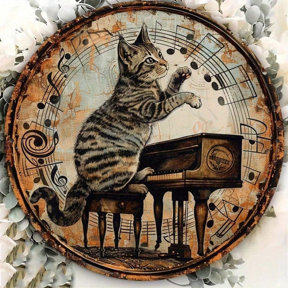 Vintage Pianist Cat Metal Tin Sign Retro Wall Art for Home Cafe Garage