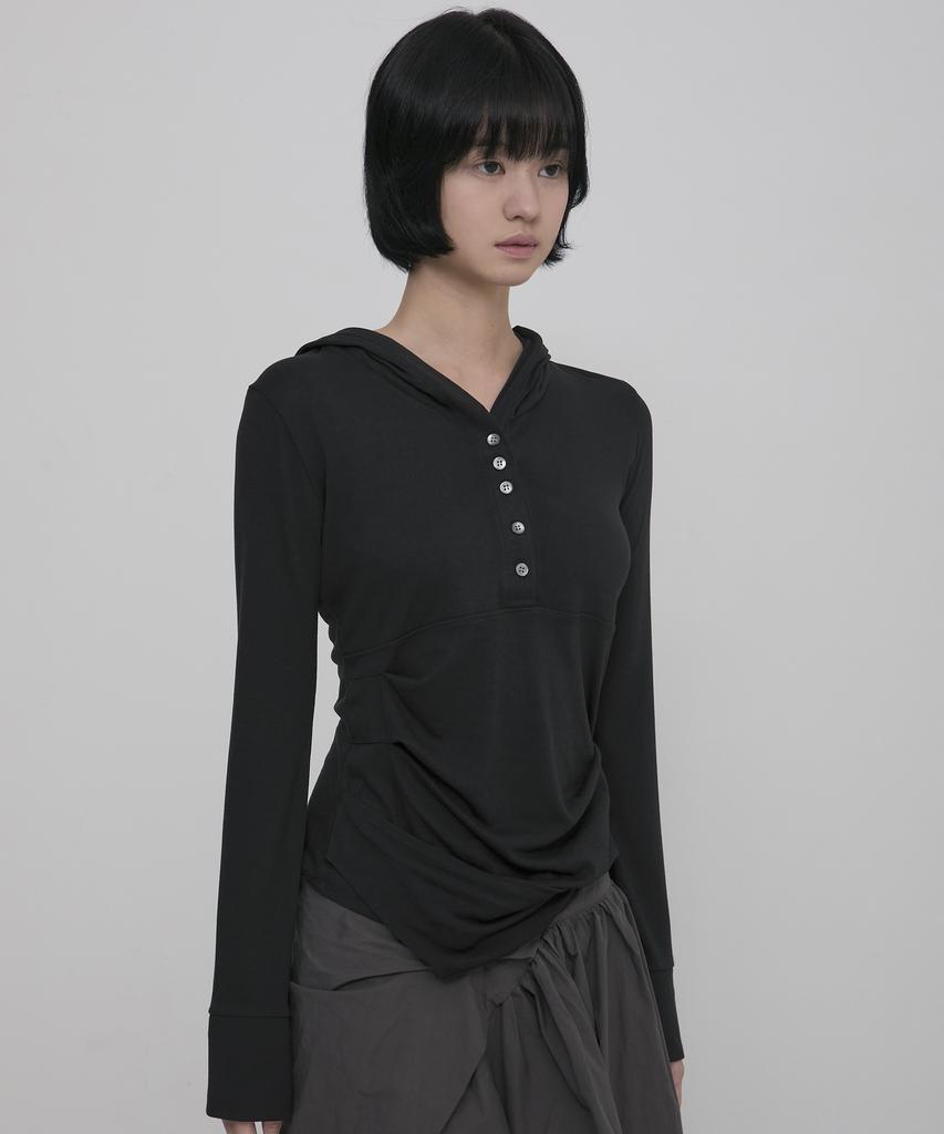 Asymmetrical Draped Hoodie (Fl-187_Black)