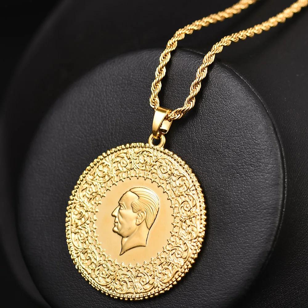 Türkische Münzen Schmuck Ethnische Geschenke Drei Größen Muslimisch Islam Türkei Atatürk Anhänger Allah Arabische Halsketten für Frauen Goldfarbe
