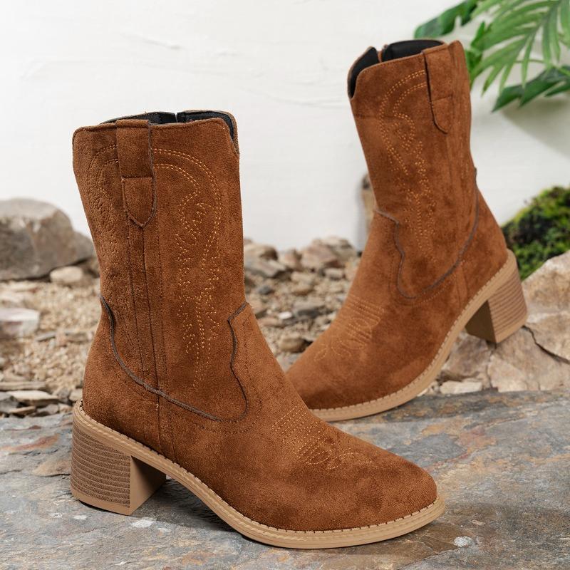 Stylish Mid-Tube Boots Women's Autumn New Pointed Toe Suede Embroidered Side Zip Anti-Slip Wear-Resistant Block Heel Western
