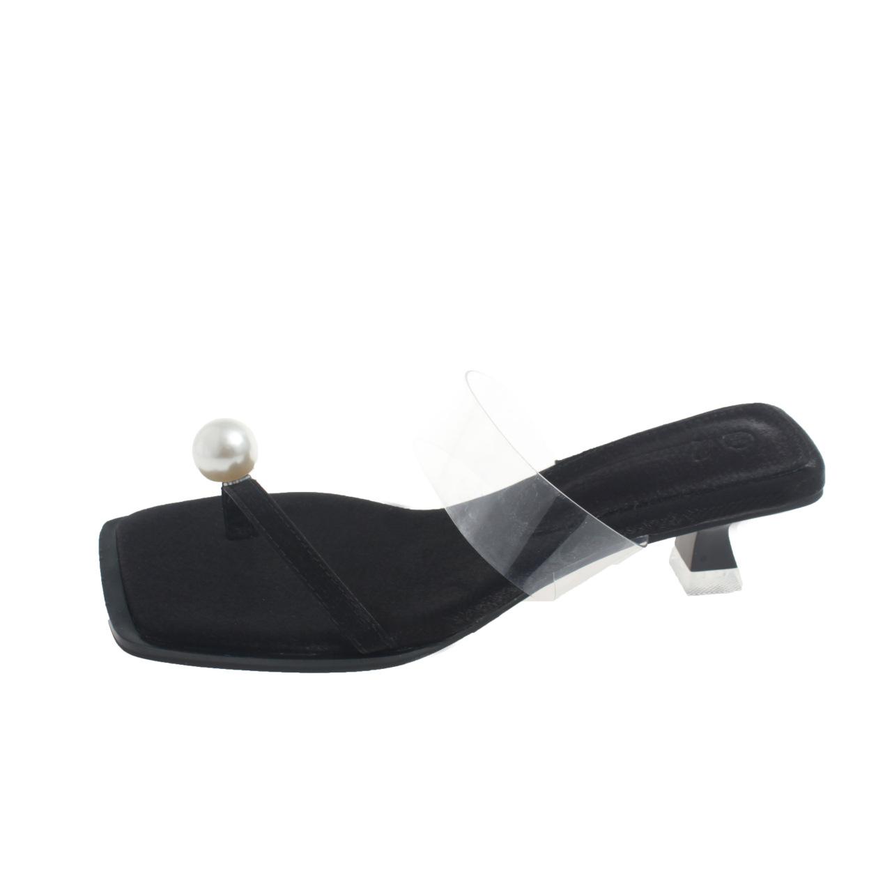 

Niche жемчужные сандалии с прозрачным носком женские летние толстые каблуки сказочный ветер средний каблук слово с кошачьим каблуком классные тапочки женская верхняя одежда 39 чёрный