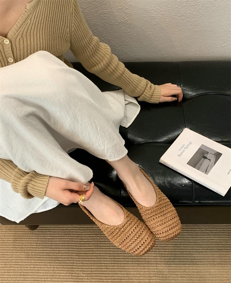 

French flat-soled women s shoes retro evening breeze with skirt vacation beach knitting empty sandals slippers 39 коричневый