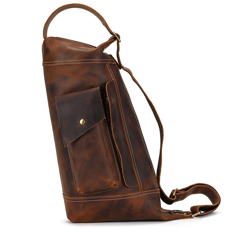 Retro Big Leather Chest Bag For Sports Hiking Biking Crossbody Bags Crazy Horse Leather Men Male Chest Packs Single Shoulder Bag