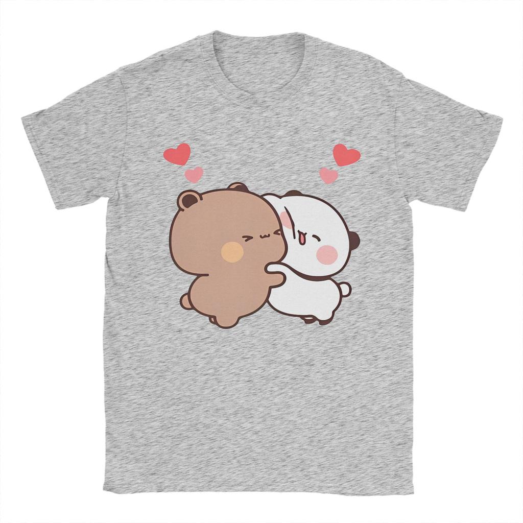 Druck Panda und Bär Bubu Dudu T-Shirt Damen Unisex Baumwolle Kurzarm Rundhals Paar Sommer Oberteile