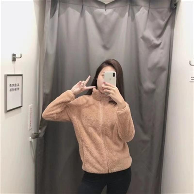 Long Pile Fleece Jacket Stand Collar Fuzzy Warm Jacket Zipper Cardigan