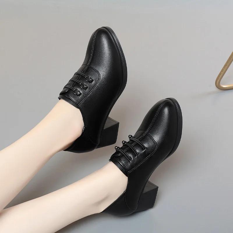 Fashion 2025 Women's Spring Leather Shoes Solid Color Round Toe Chunky Heel Loafers Female Fashion Office High Heels Shoe Mom's Shoes